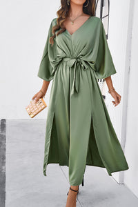 Devine Slit Tied V-Neck Three-Quarter Sleeve Dress