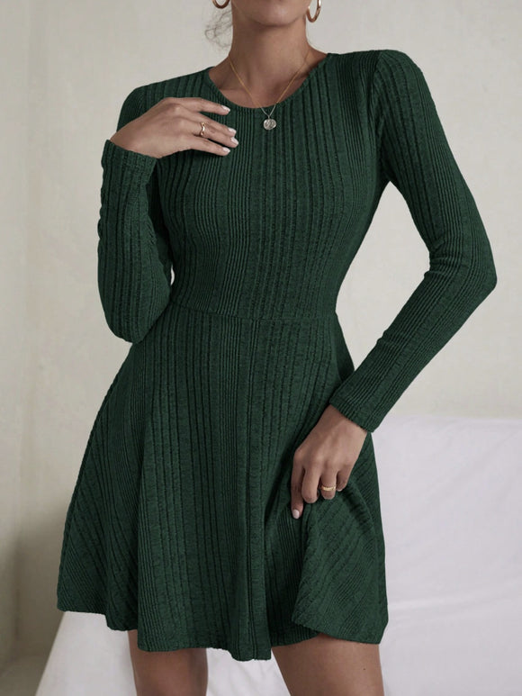 Textured Round Neck Long Sleeve Dress