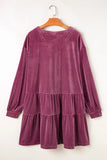 Plus Size Textured Velvet Decorative Button Long Sleeve Dress