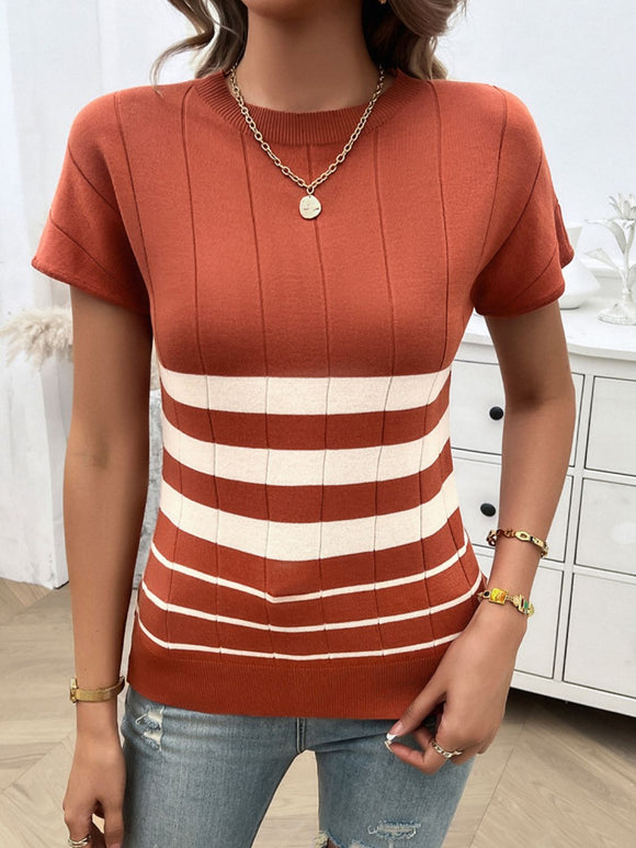 Devine Striped Round Neck Short Sleeve Knit Top