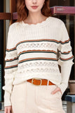 Striped Hollow Out Round Neck Long Sleeve Sweater