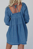 Tied Square Neck Long Sleeve Denim Dress with Pockets