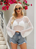 Openwork Round Neck Long Sleeve Cover-Up