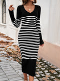 Devine Striped V-Neck Long Sleeve Sweater Dress