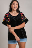 Umgee Full Size Velvet Embroidery Short Sleeve Blouse