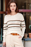 Striped Hollow Out Round Neck Long Sleeve Sweater