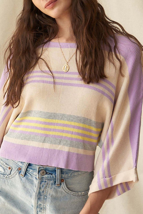 Contrast Striped Round Neck Three-Quarter Sleeve Top