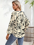 Printed Notched Long Sleeve Blouse