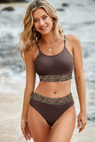 Leopard Trim Scoop Neck Bikini Set