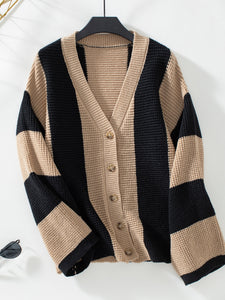 Waffle-Knit V-Neck Striped Long Sleeve Cardigan