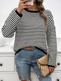 Devine Striped Round Neck Dropped Shoulder Sweater