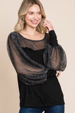 Super Lady Full Size Metallic Mesh Lantern Sleeve Blouse