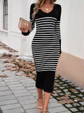 Devine Striped V-Neck Long Sleeve Sweater Dress