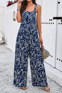 Devine Printed Wide Strap Jumpsuit with Pockets