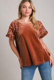 Umgee Velvet Embroidery Short Sleeve Blouse